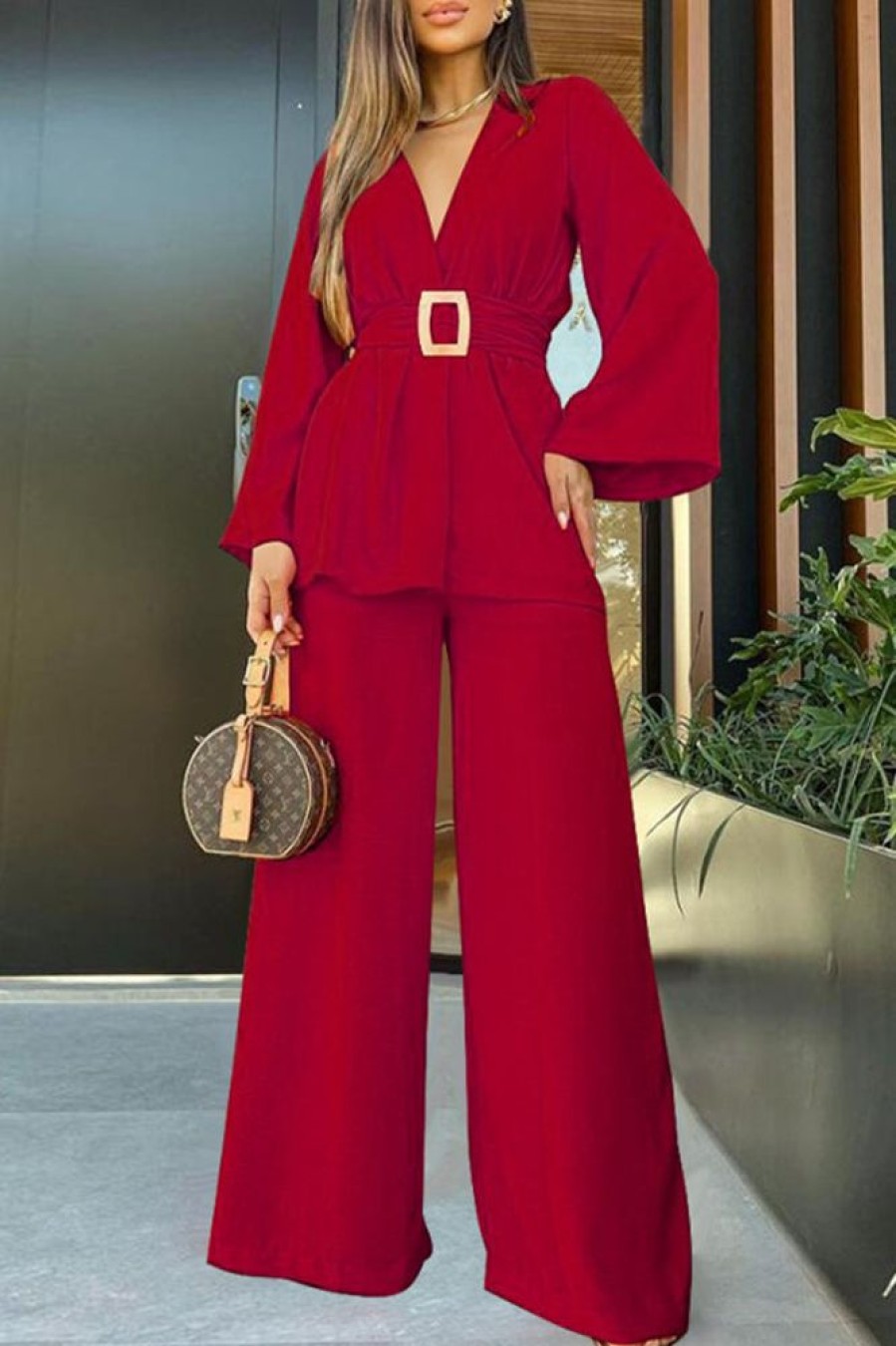 2-Pieces female | Casual V-Neck High-Waisted Wide-Leg Pants Two-Piece Set