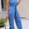 Jumpsuits & Rompers female | Stretchy Washed Denim Belted Overalls Wathet Blue