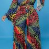 2-Pieces female | Fashion Printed V-Neck Lace Up Flared Sleeve Plus Size Pant Suits Multicolor