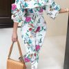 Jumpsuits & Rompers female | Flower Print Off Shoulder Puff Sleeve Slim Fit Jumpsuit White