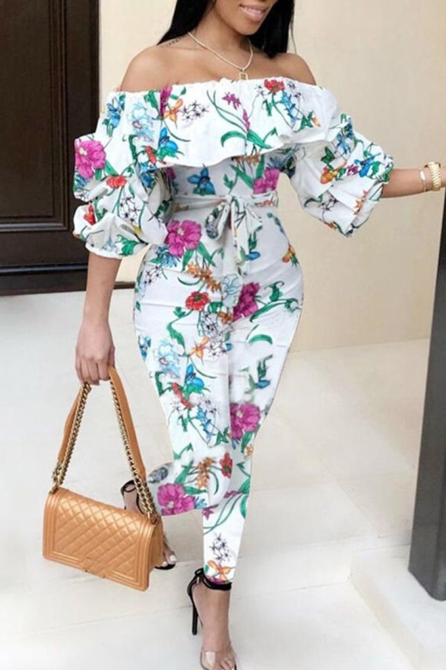 Jumpsuits & Rompers female | Flower Print Off Shoulder Puff Sleeve Slim Fit Jumpsuit White