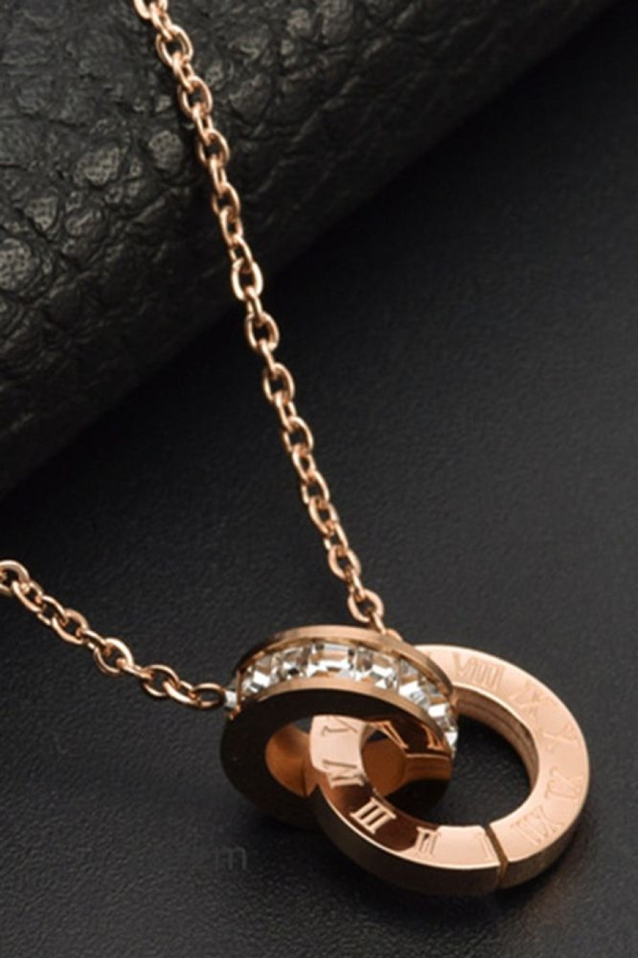 Accessories female | Roman Double Ring Diamond Pendant Titanium Steel Necklace