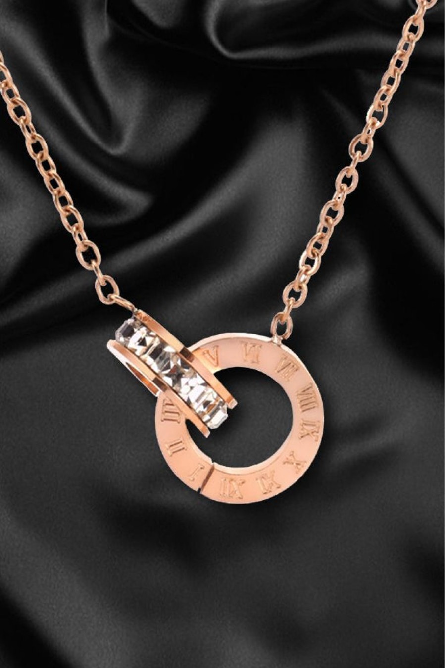 Accessories female | Roman Double Ring Diamond Pendant Titanium Steel Necklace