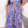 Jumpsuits & Rompers female | Printed Short Sleeve Loose Wide Leg Plus Size Jumpsuit Blue