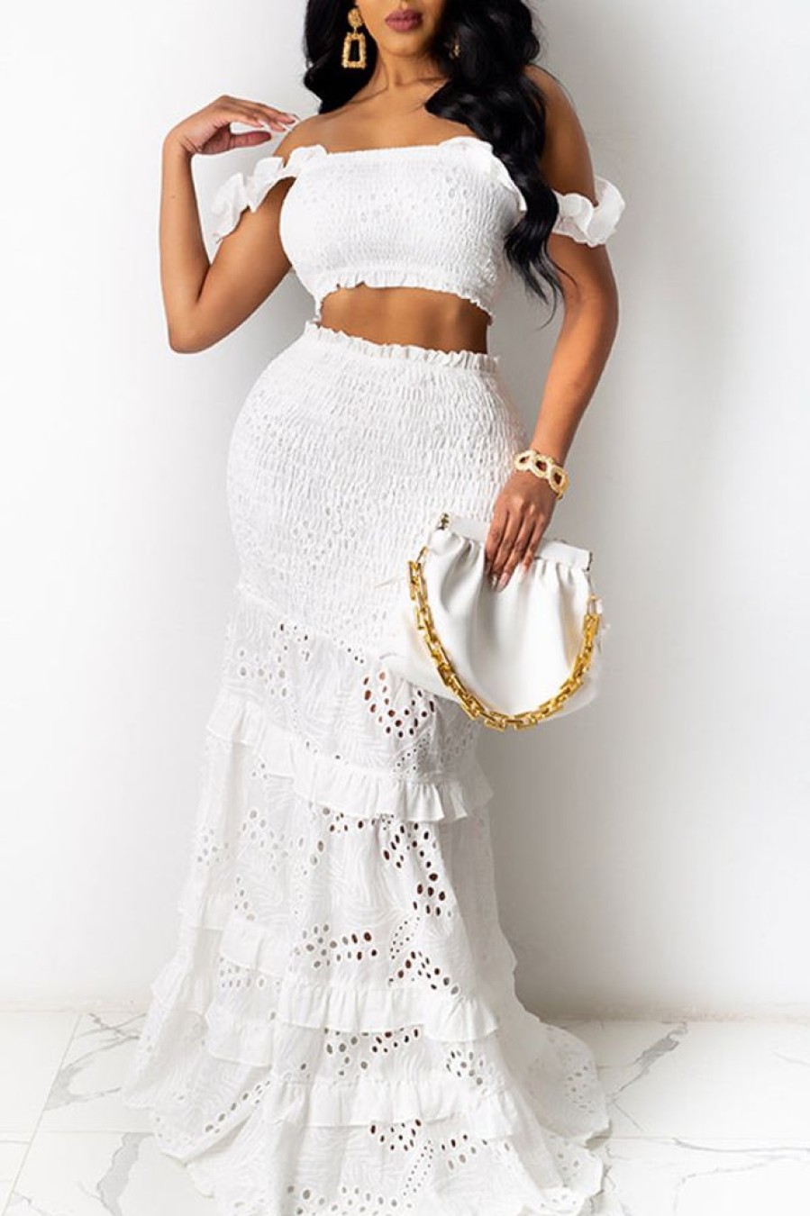 2-Pieces female | Solid-Color Breast-Wrapped Fishtail Mid-Waist Lace Dress Suit White