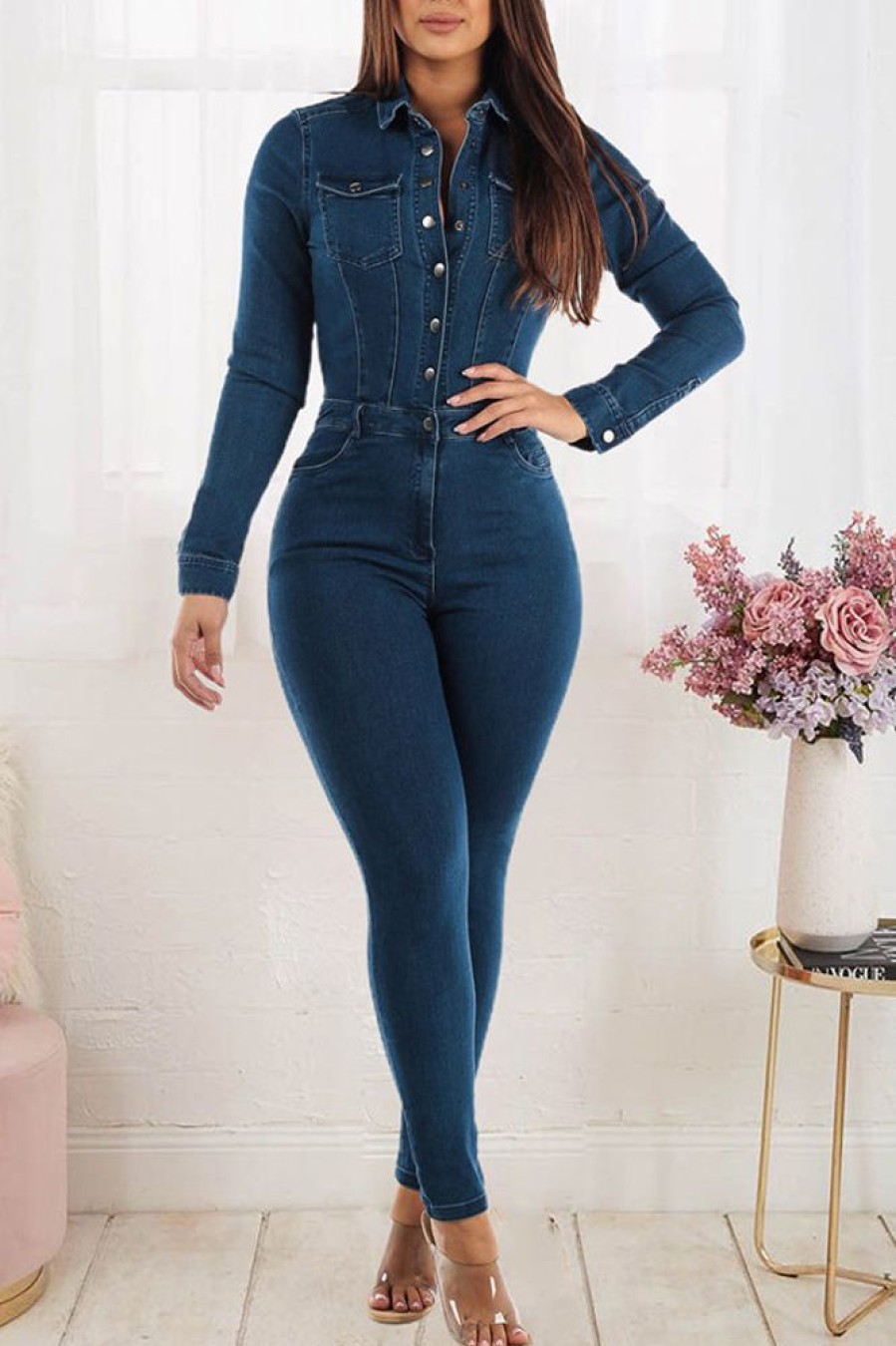 Jumpsuits & Rompers female | Casual Slim Elastic Small Foot Washed Denim Jumpsuit Royal Blue