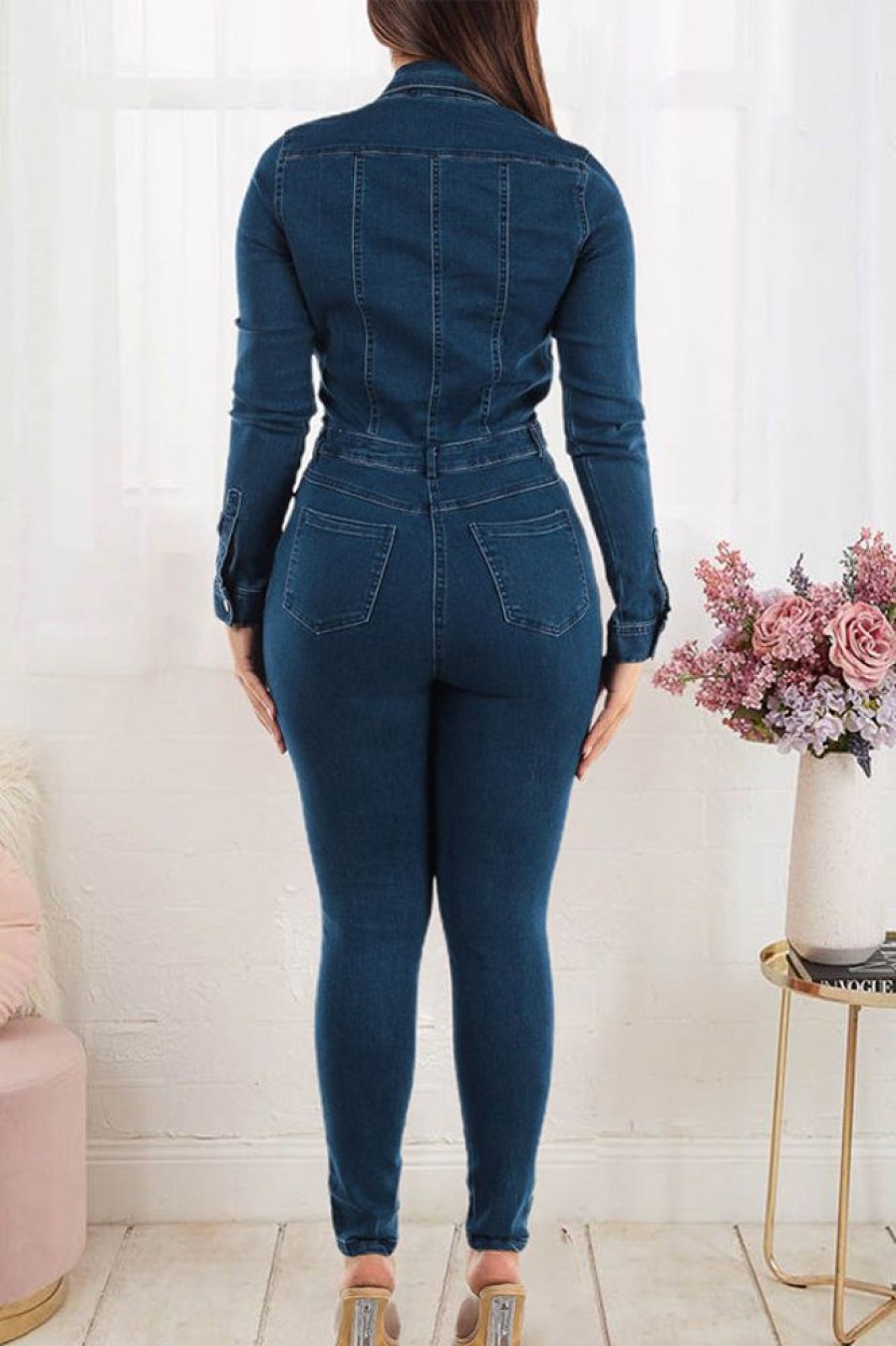 Jumpsuits & Rompers female | Casual Slim Elastic Small Foot Washed Denim Jumpsuit Royal Blue