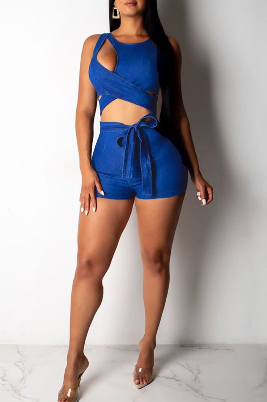 Jumpsuits & Rompers female | Asymmetrical Hollow Cross Strap Sexy Faux Denim Romper