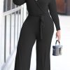 Jumpsuits & Rompers female | Cotton Lapel Long Sleeve Tie Waist Plus Size Jumpsuit