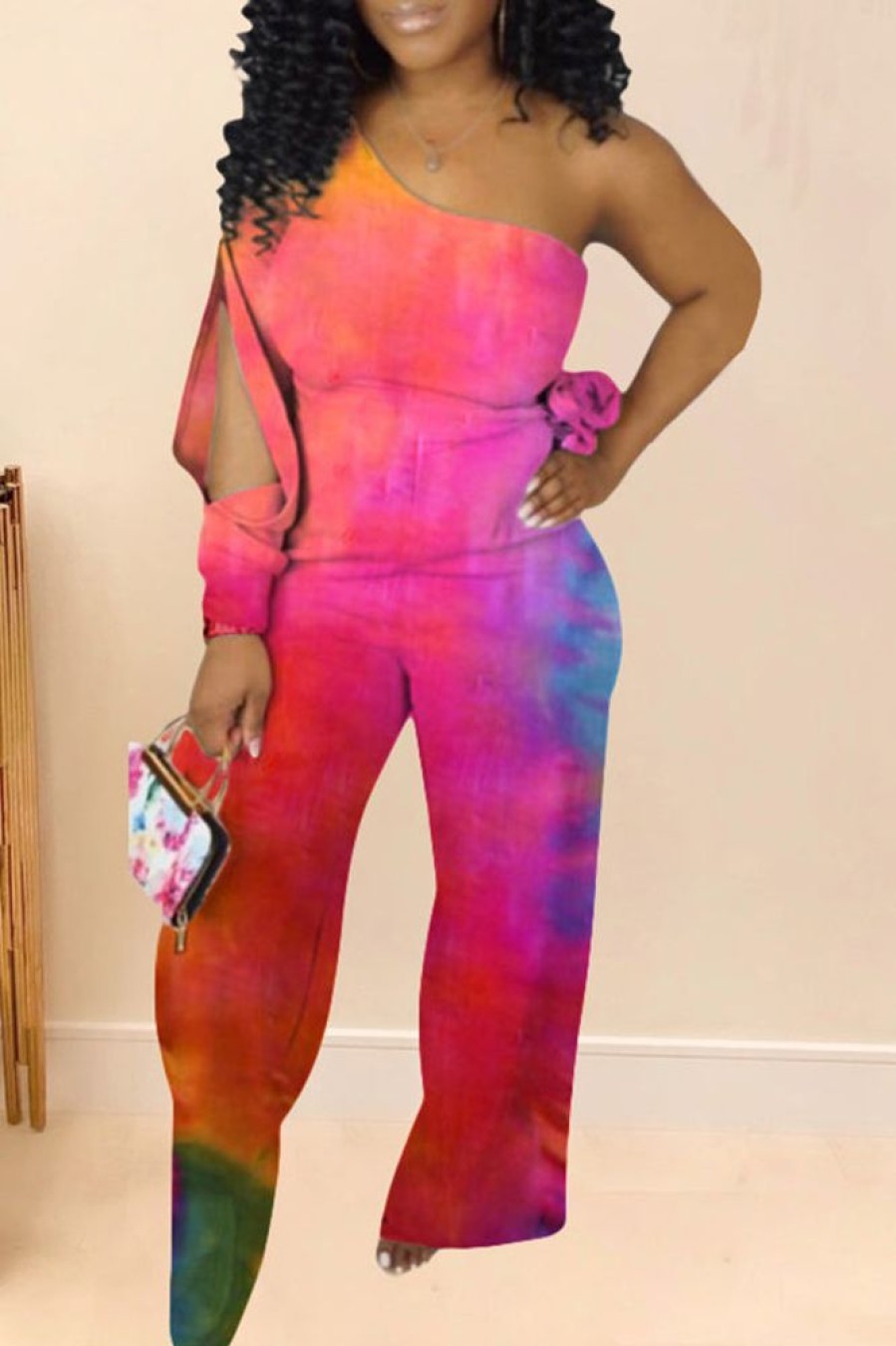 Jumpsuits & Rompers female | Fashion Off Shoulder Tie Dye Printed Jumpsuit Orange