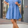 Dresses female | Denim Shirt Collar Short Sleeve Button Down Dress Blue