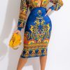 Dresses female | Luxury Gold Vintage Print Deep V Neck Slim Fit Midi Dress