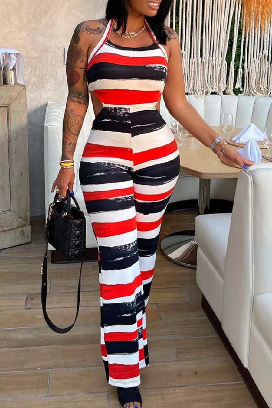 Jumpsuits & Rompers female | Sexy Fashion Stripe Print Backless Jumpsuit Red