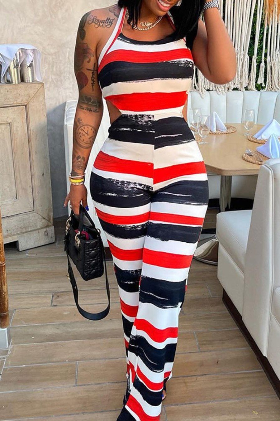 Jumpsuits & Rompers female | Sexy Fashion Stripe Print Backless Jumpsuit Red