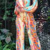 Jumpsuits & Rompers female | Fashion Print V-Neck Long Sleeve Belted Jumpsuit Multicolor