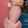 Dresses female | Elegant Solid Color One Shoulder Plus Size Fishtail Midi Dress Pink