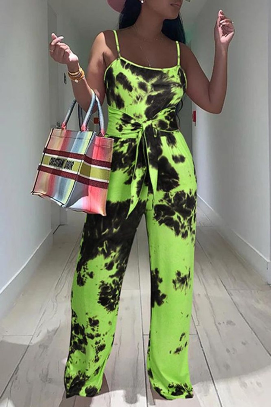 Jumpsuits & Rompers female | Fashion Tie-Dye High-Waist Sleeveless Backless Suspender Jumpsuit