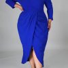 Dresses female | Temperament V-Neck Pleated Slit Plus Size Midi Dress