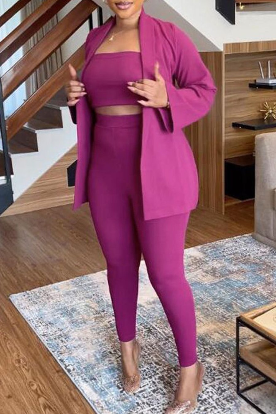 2-Pieces female | Casual Solid Color Tube Top Stretch Tight Suit Three-Piece Suit Purple