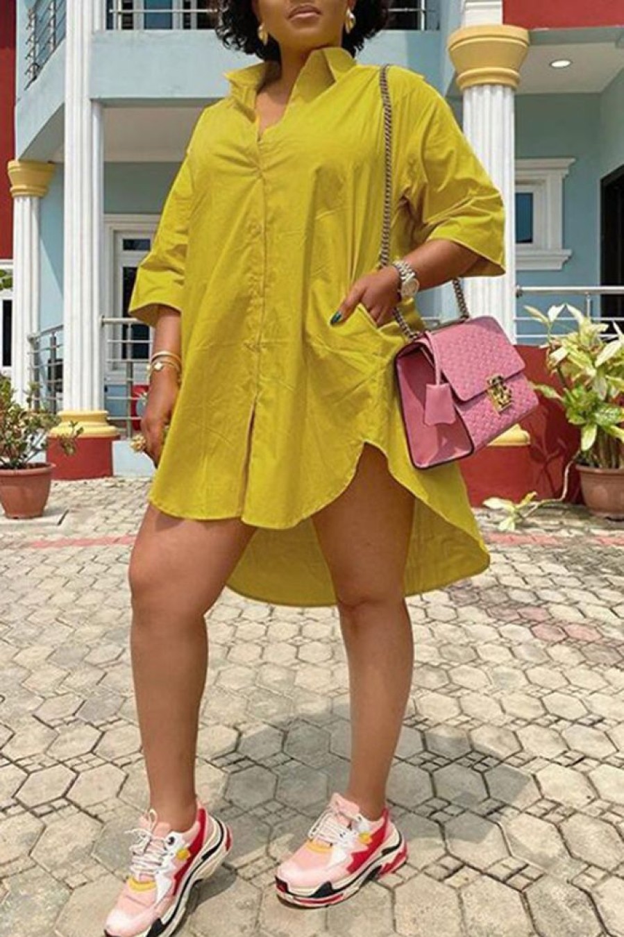 Dresses female | Fashion Casual Lapel Pocket Shirt Dress Yellow