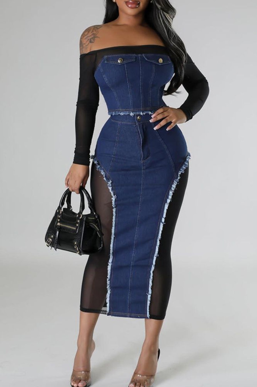 2-Pieces female | Fashionable Mesh Denim Stitching Tube Top Skirt Two-Piece Set Blue