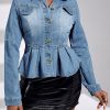 Tops & Outerwear female | Temperament Denim Lapel Single Breasted Ruched Hem Slim Jacket Blue