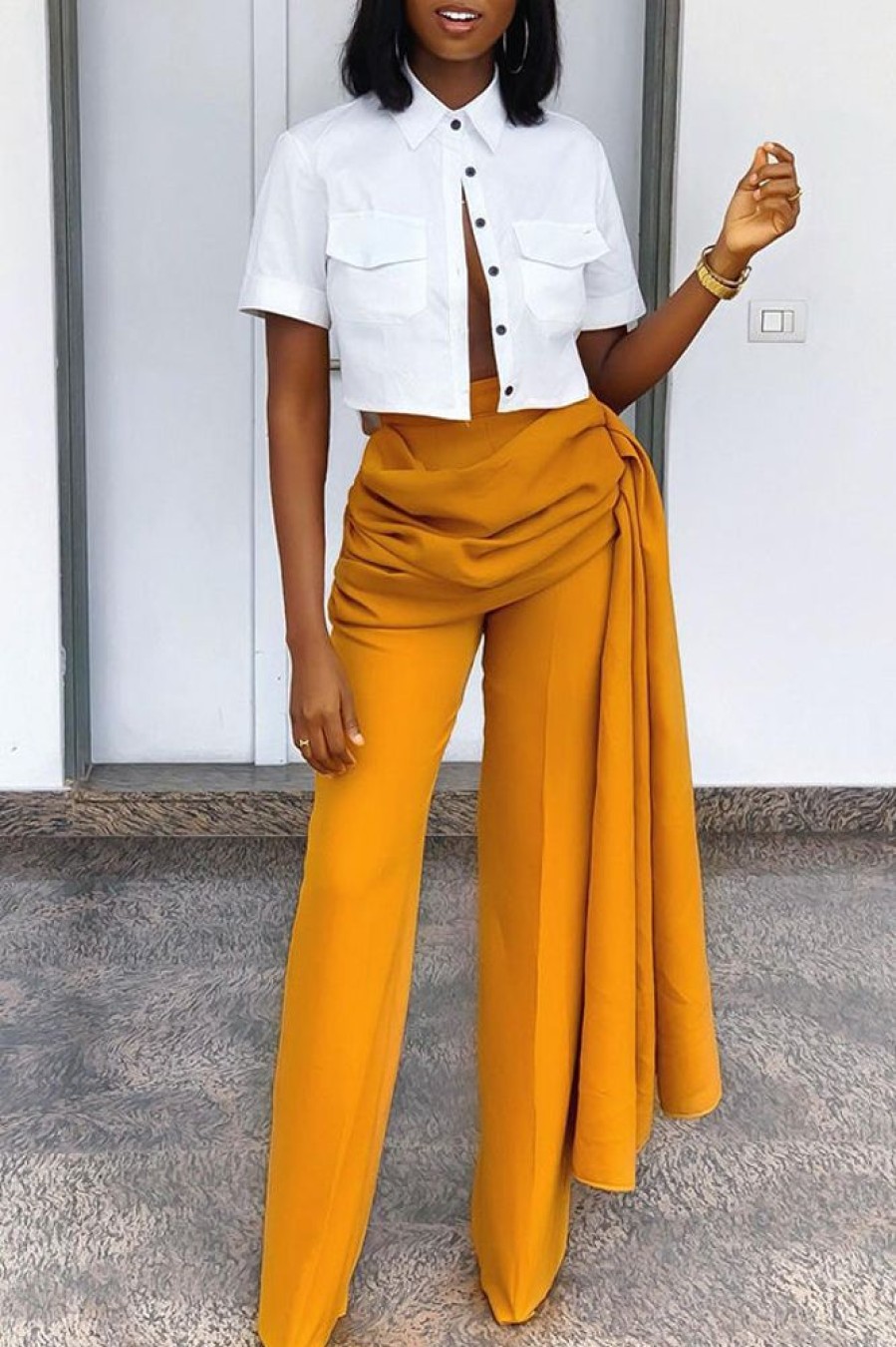 Bottoms female | Fashion High Waist Irregular Fold Ribbon Wide Leg Pants