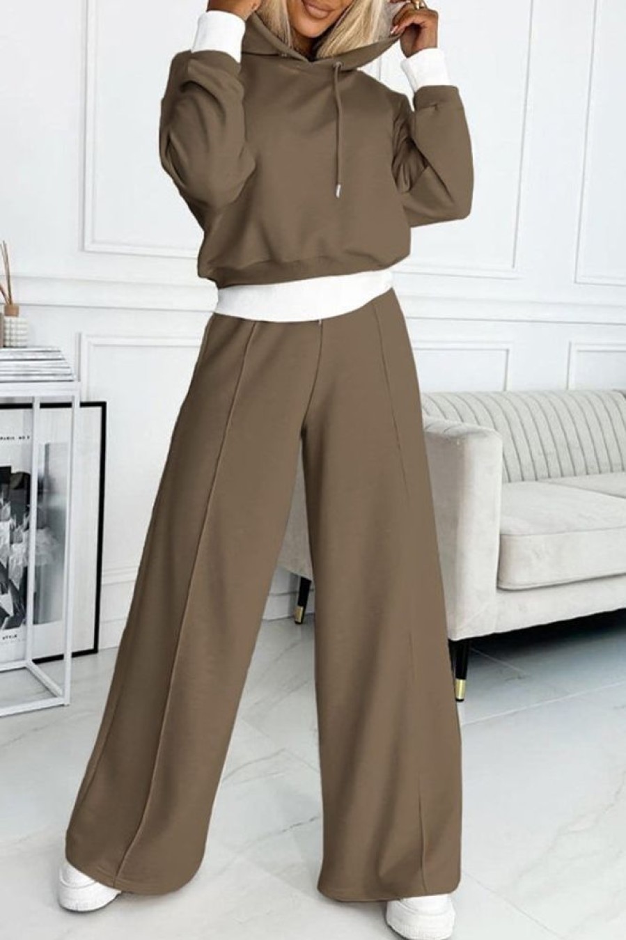 2-Pieces female | Casual Threaded Stitching Fake Sweatshirt Wide-Leg Pants Suit