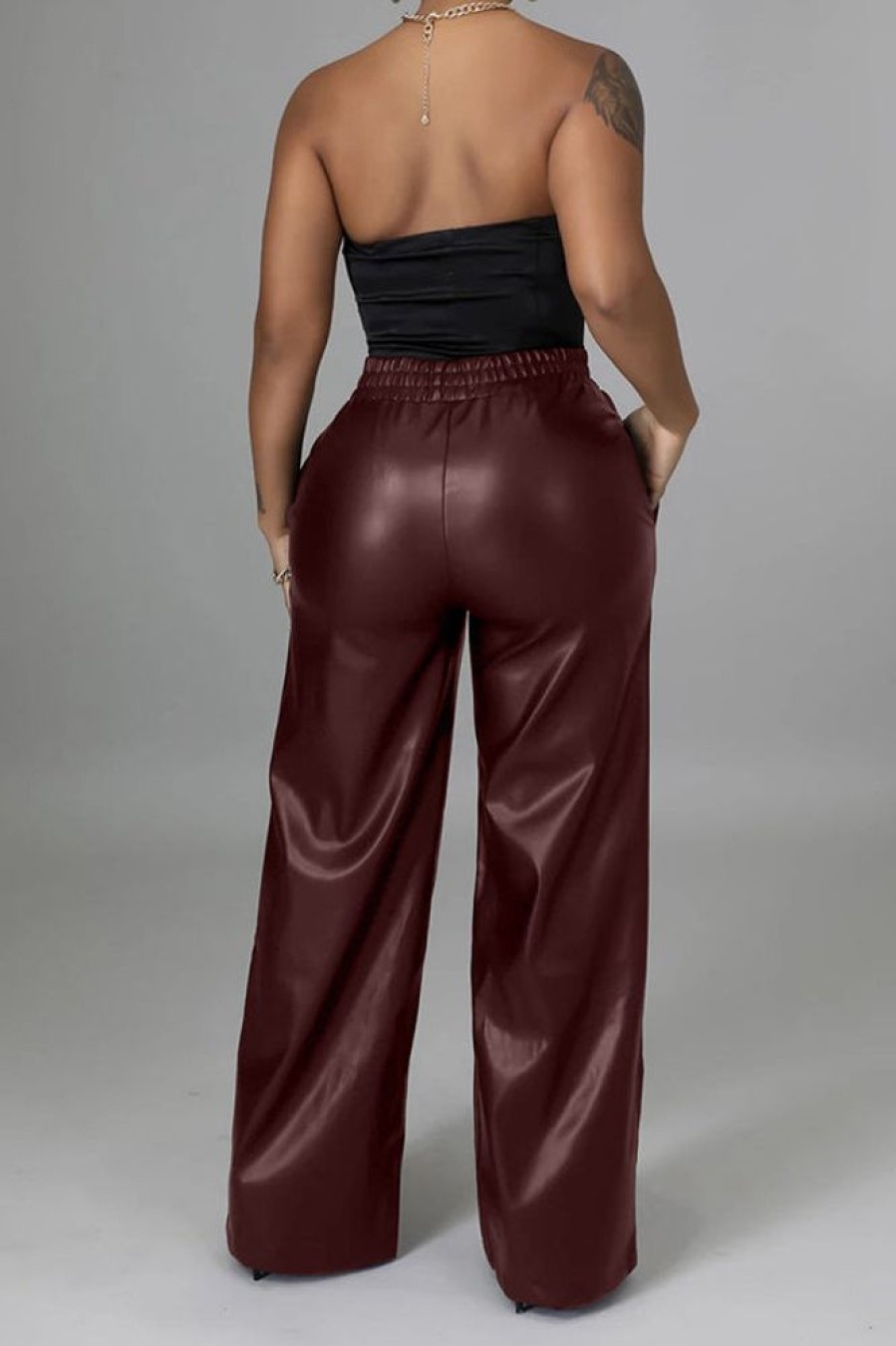 Bottoms female | Commuter Synthetic Pu Elastic Waist Wide Leg Pants