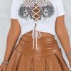 2-Pieces female | Fashion Hollow Tie Navel Short Sleeve Pu Leather Short Skirt Suit White