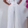 Jumpsuits & Rompers female | Fashion V-Neck Flounce Sleeve Pleated Wide Leg Jumpsuits No Belt