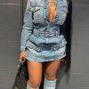 2-Pieces female | Sexy Multi-Pocket Washed Denim Dress Three-Piece Set (Including Trousers) Blue