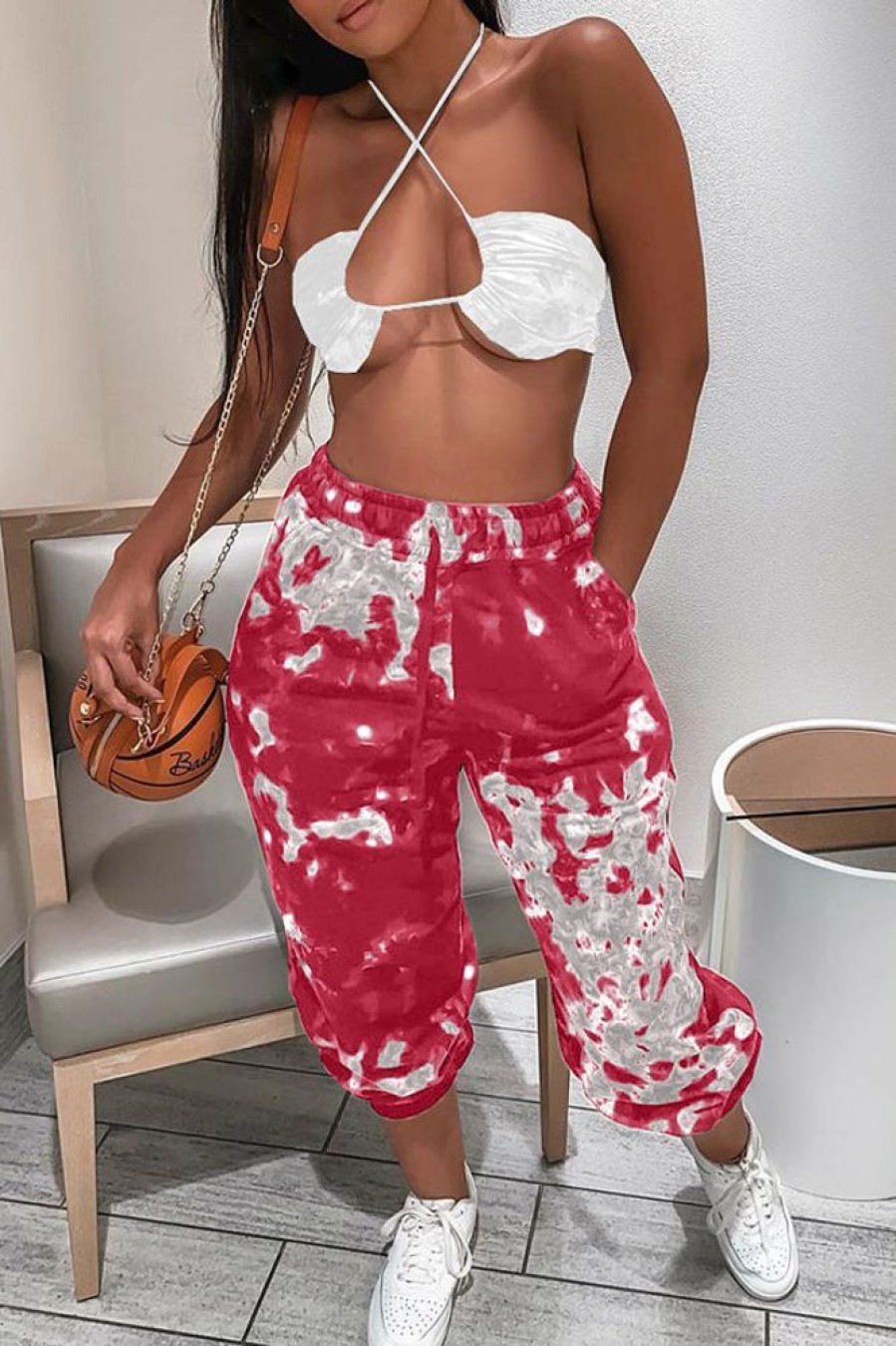 Bottoms female | Printed Pocket Straps Casual Pants