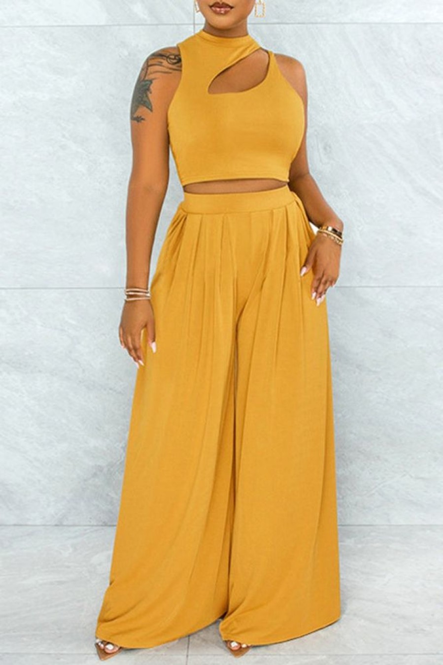 2-Pieces female | Solid Color Asymmetric Hollow Crew Neck Vest Wide Leg Pants Casual Suit