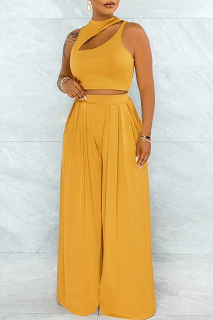 2-Pieces female | Solid Color Asymmetric Hollow Crew Neck Vest Wide Leg Pants Casual Suit