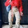 Tops & Outerwear female | Street Style Casual Striped Cropped Open Waist Drawstring Long Sleeve Crewneck Top Red