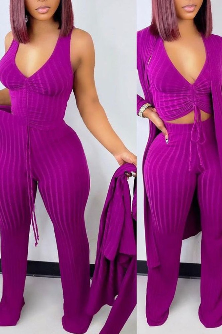 2-Pieces female | Solid Color Sleeveless Ruched Top Wide Leg Pants Cape Jacket Three Piece Set Purple