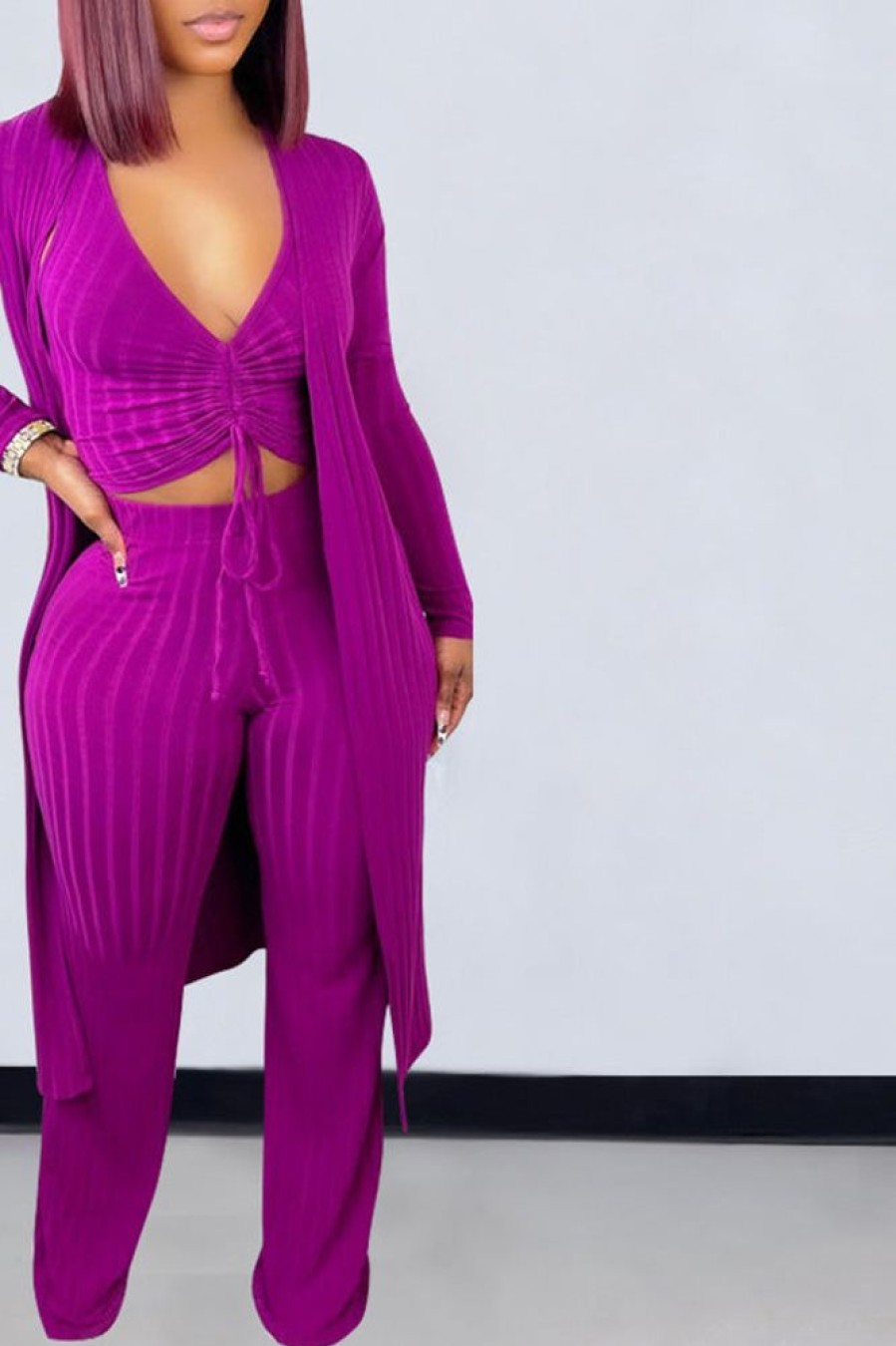 2-Pieces female | Solid Color Sleeveless Ruched Top Wide Leg Pants Cape Jacket Three Piece Set Purple