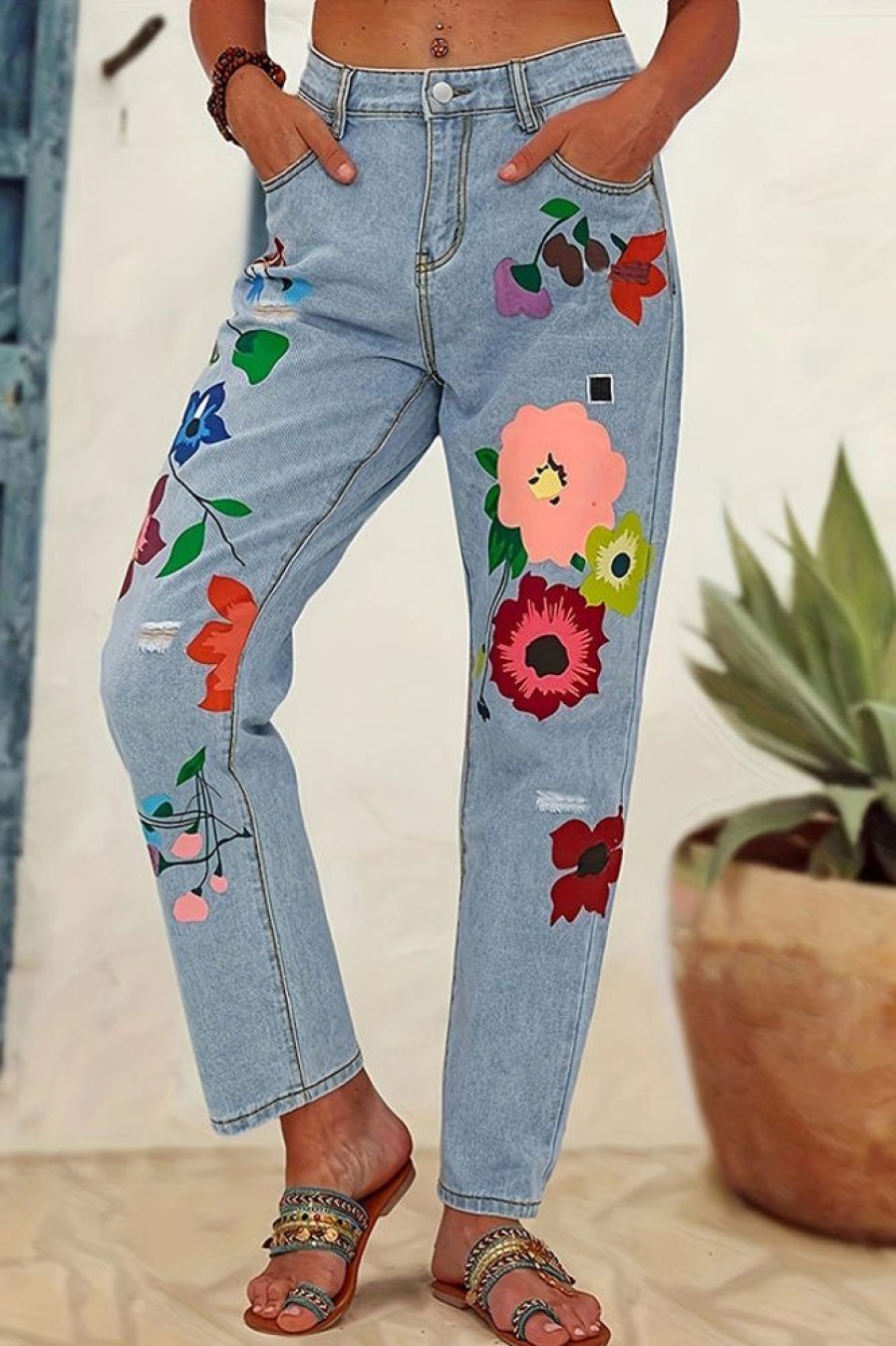 Bottoms female | Casual Colorful Flower Print Hole Jeans Wathet Blue