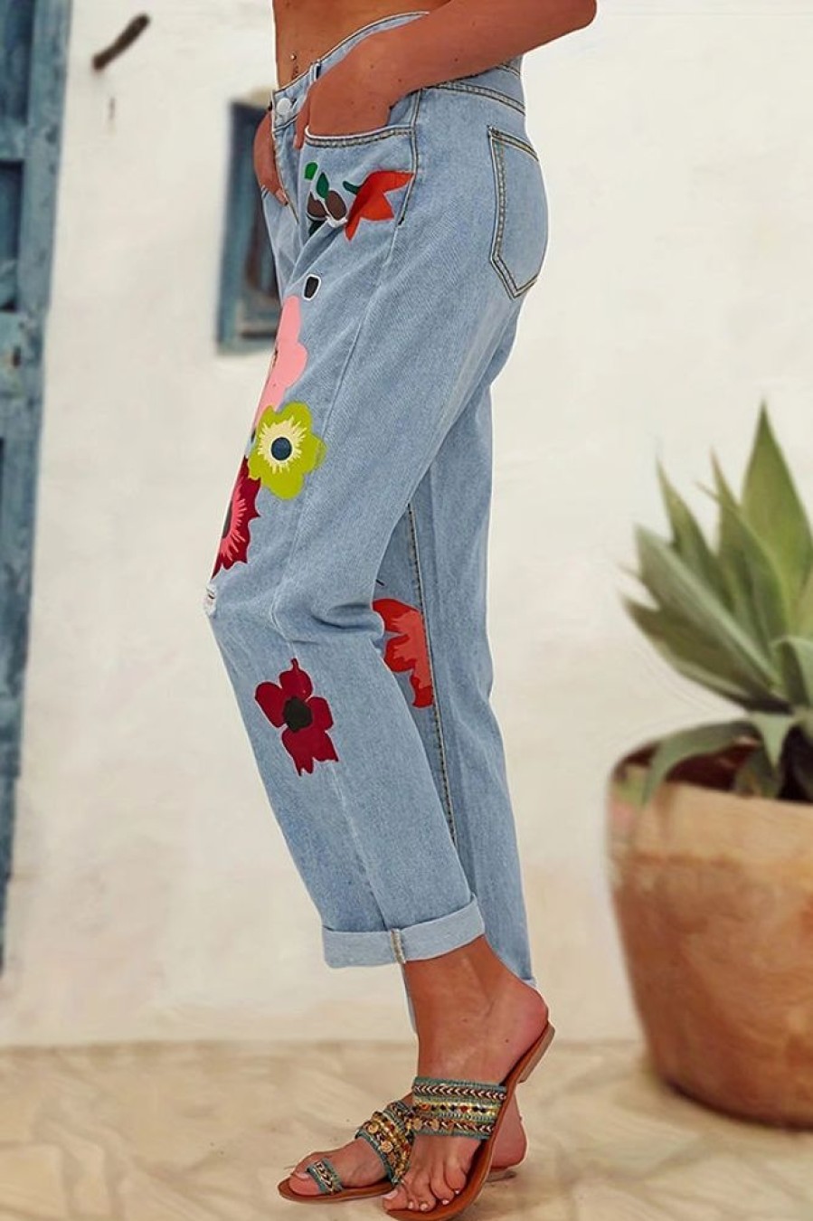 Bottoms female | Casual Colorful Flower Print Hole Jeans Wathet Blue