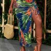 Bottoms female | Palm Leaf Print Smocked Lace-Up Slit Skirt Blue