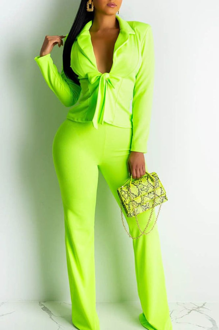 2-Pieces female | Fashion Lapel Solid Color Knotted Commuter Blazer Pants Suit Light Green