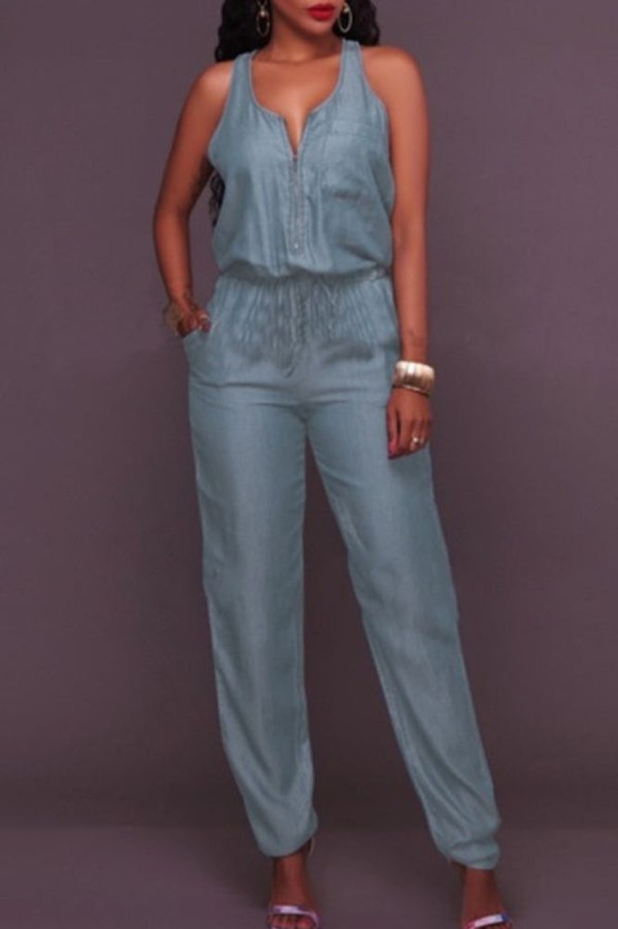 Jumpsuits & Rompers female | Fashion Slim Casual Zipper Denim Jumpsuit