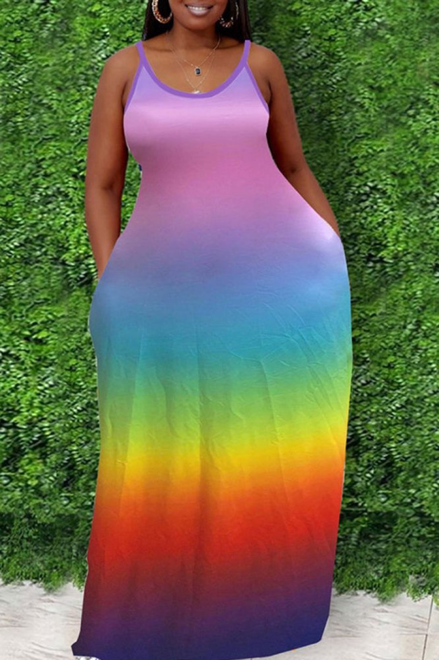 Dresses female | Plus Size Rainbow Print Maxi Dress Multicolor