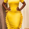 Dresses female | Commuter Solid Color Short Sleeve Ruffle Slim Fit Midi Dress Yellow