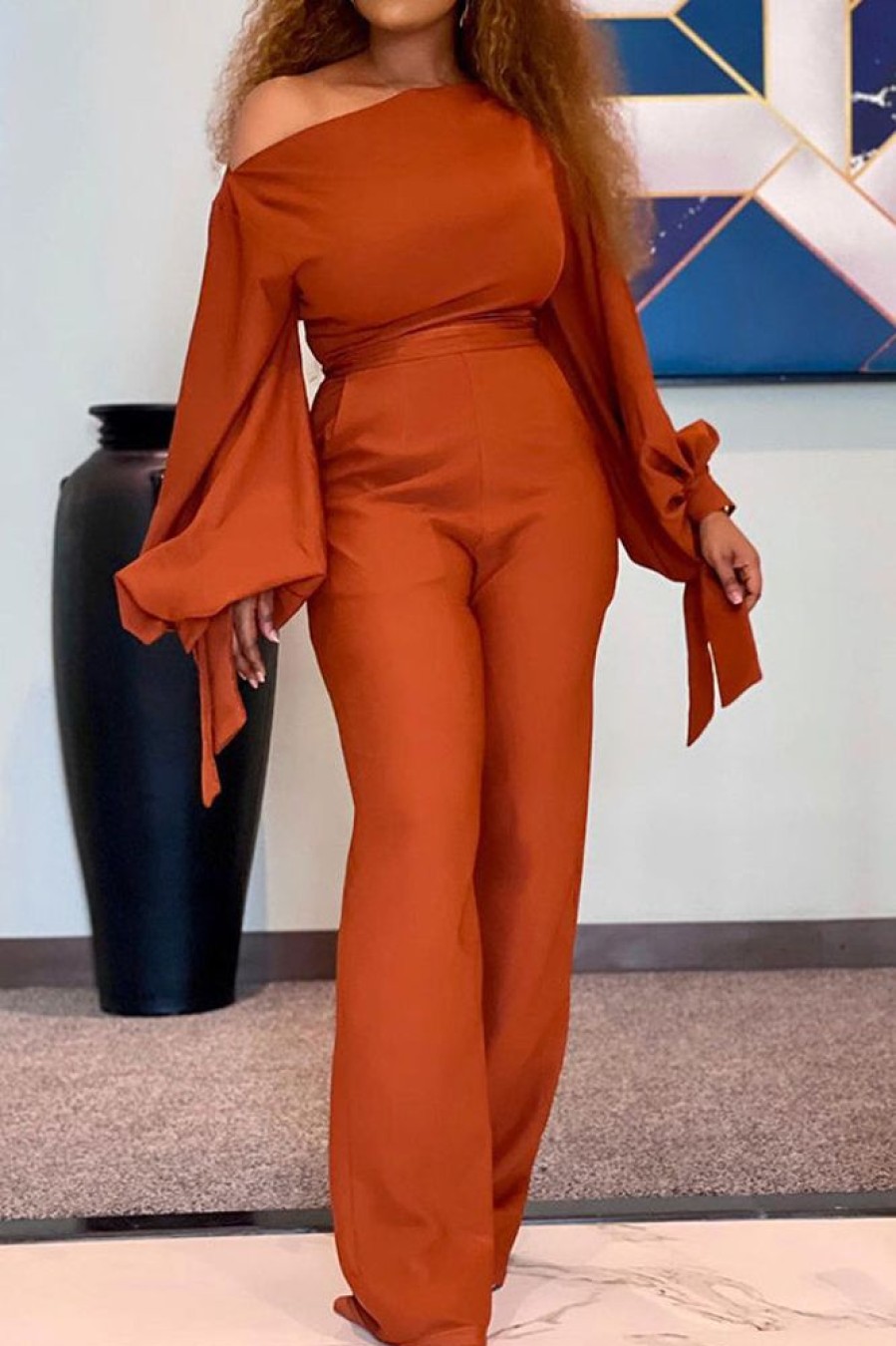 Jumpsuits & Rompers female | Asymmetrical Oblique Shoulder Knotted Puffy Sleeve Wide-Leg Jumpsuit