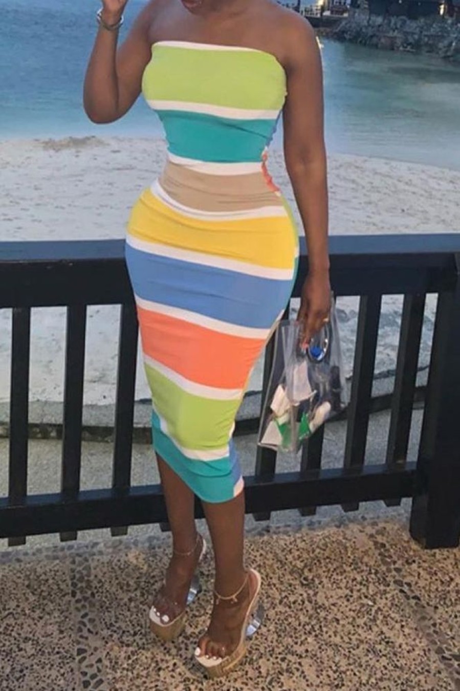 Dresses female | Rainbow Striped Bandeau Midi Dress Multicolor