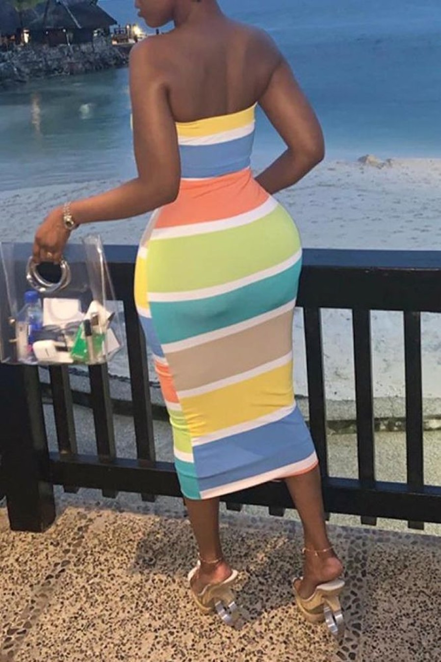 Dresses female | Rainbow Striped Bandeau Midi Dress Multicolor