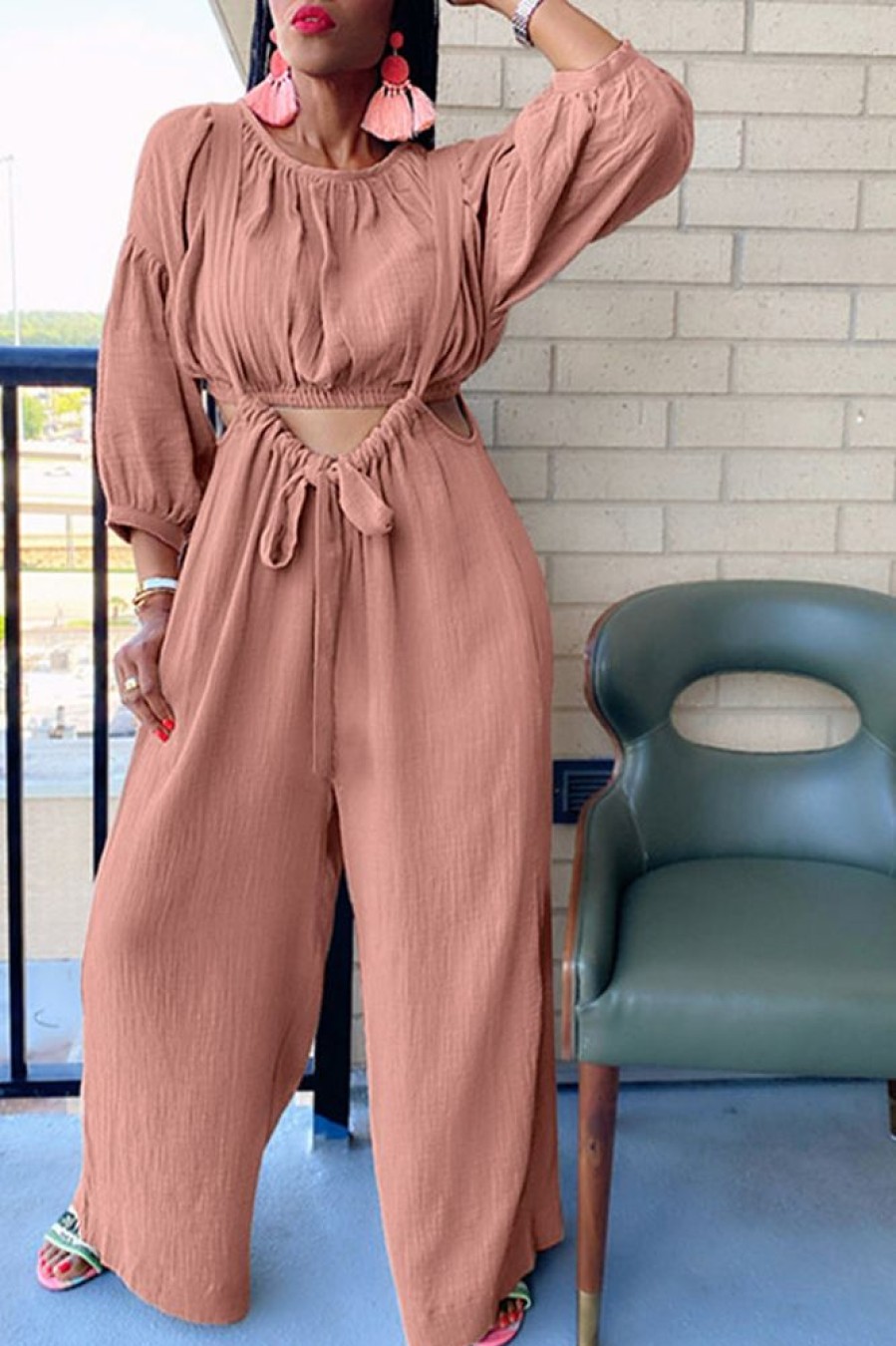 2-Pieces female | Comfortable Solid Color Pleated Bib Two Piece Suit