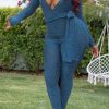 Jumpsuits & Rompers female | Sexy Slim Long Sleeve Deep V Neck Lace-Up Knitted Jumpsuits Blue